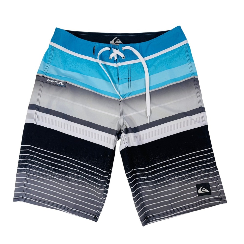 Quiksilver Mens Blue Black Striped Board Shorts Swim Trunks Size 32 Surfwear